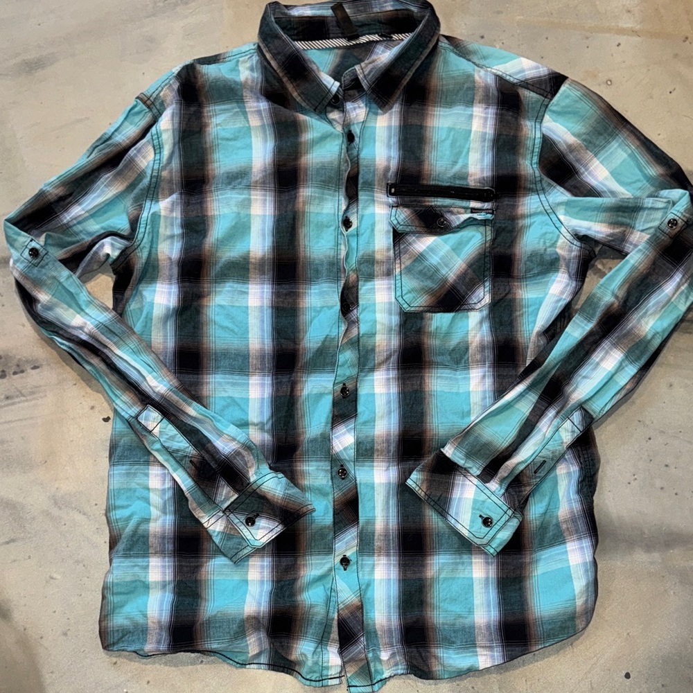 Ocean Current Teal and Black Plaid Button-Down Shirt